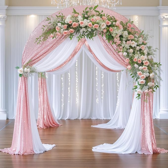 Wedding Arch Draping Fabric, 1 Panel 28" x19ft White Arch Drapes & 1 Panel 16" x19ft Rose Gold Sequin Fabric Drapes Arbor Backdrop Curtain for Wedding Arch Ceremony Bridal Shower Reception
