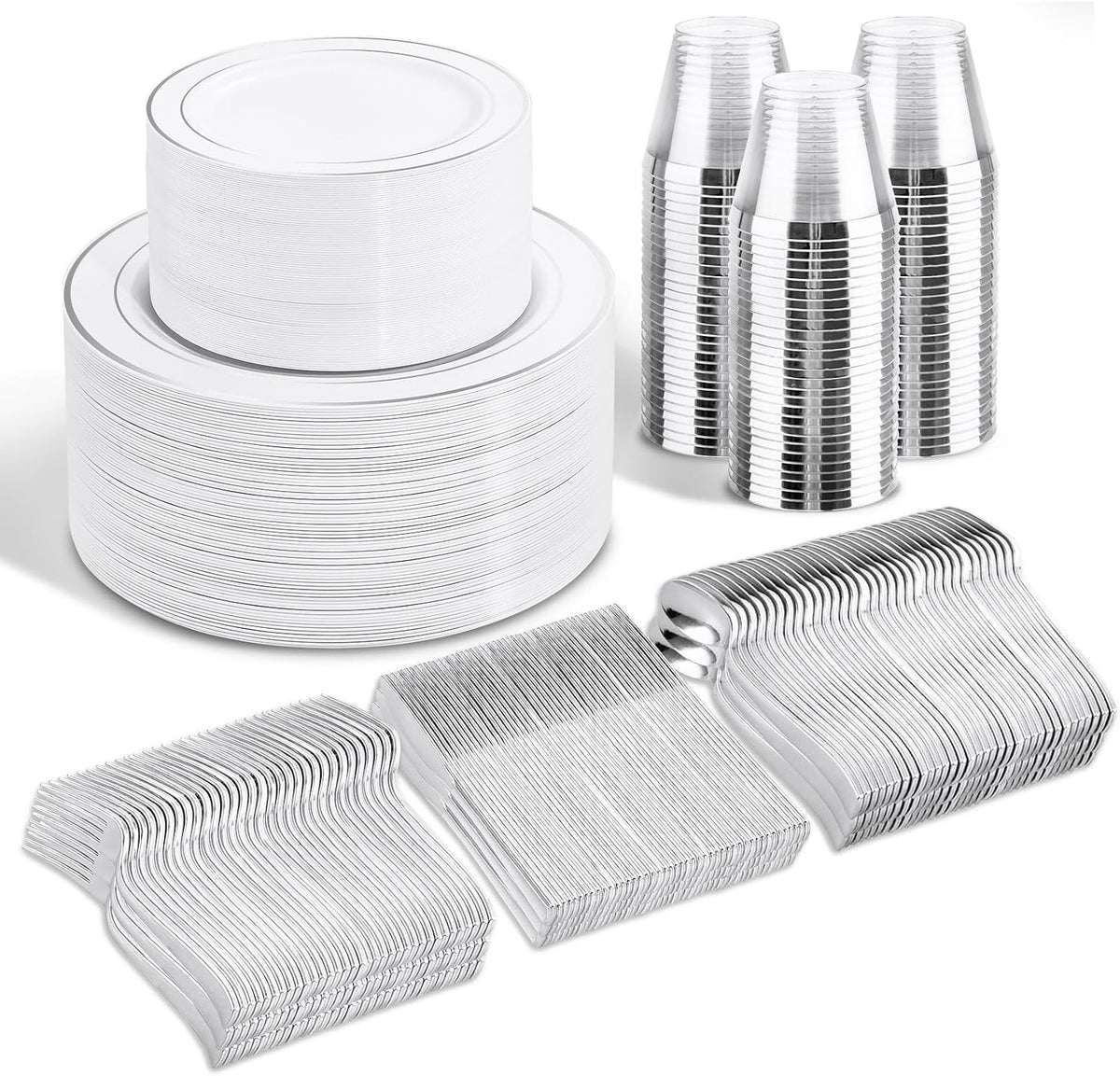 WELLIFE 300Pcs Silver Elegant Plastic Dinnerware Set for 50 Guests - Premium ...