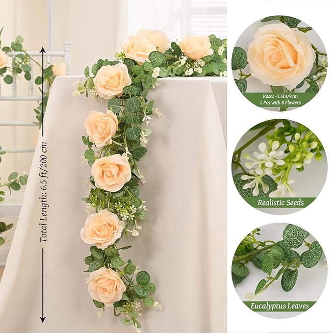 Dolicer 4Pcs 26Ft Artificial Eucalyptus Garlands with Flowers - 8 Roses, Faux Floral Greenery Garlands Fake Flowers Vines for Wedding Table Centerpieces Arch Party Ceremony Backdrop Decor (Champagne)