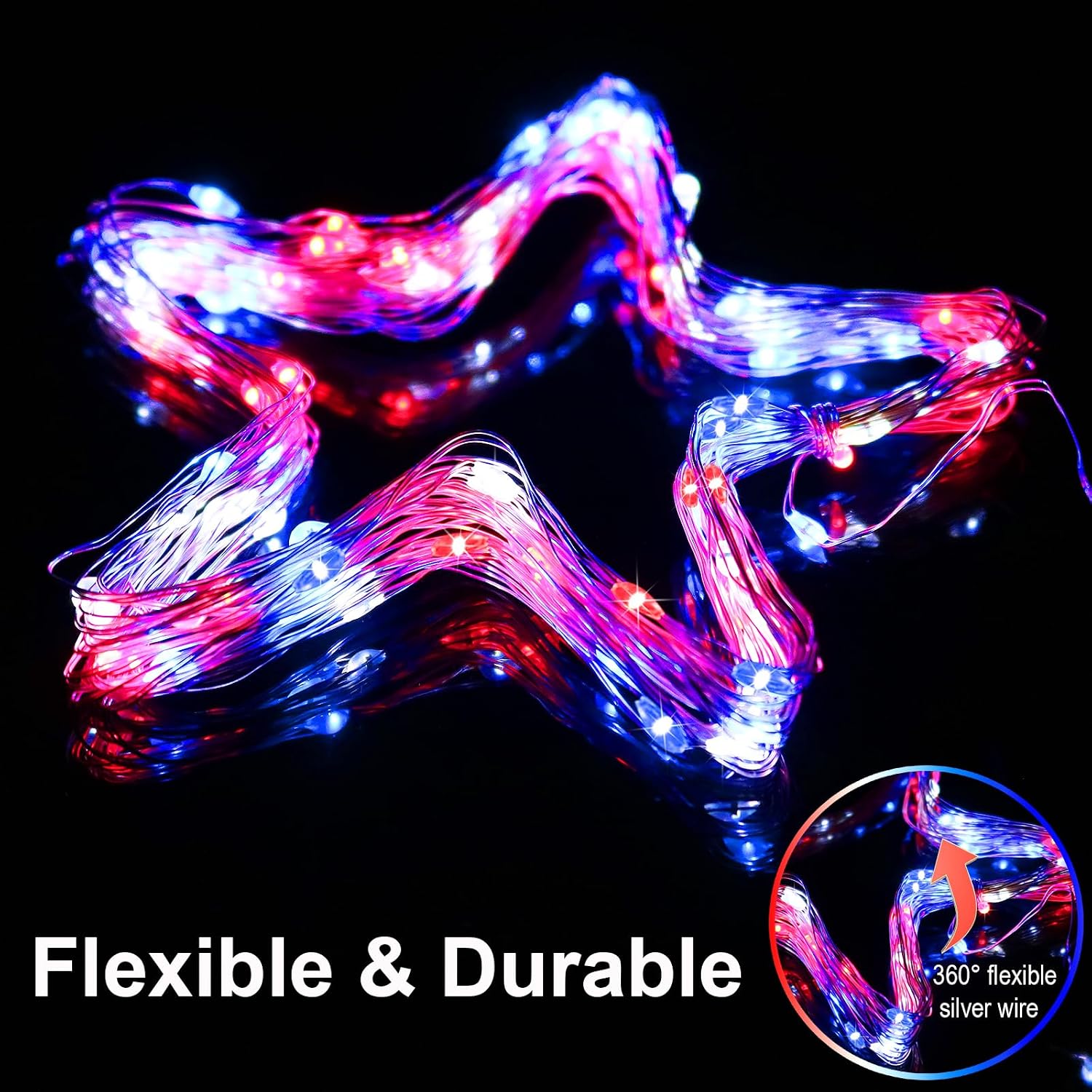 4th of July Patriotic Decorations, Red White Blue Fairy String Lights, Battery Operated with Timer, 2 Pack Total 33FT 100 Led Mini Battery Powered Mason Jar Firefly Lights DIY Party Memorial Day