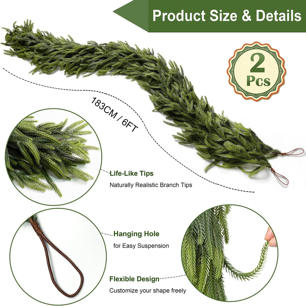 12ft (2pcs 6ft) extra full christmas garland real shown in use