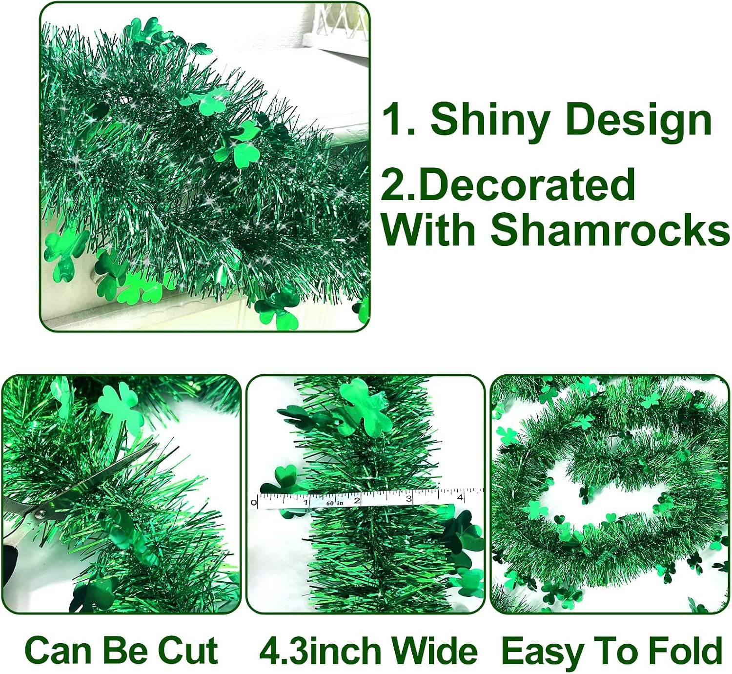 TURNMEON 3 Pack Total 49.2 Ft St. Patrick's Day Shamrock Tinsel Garland Decor Green Clover Metallic Streamers St Patricks Day Decorations Indoor Outdoor Home Irish Party Supplies, Each 16.4 Ft by 4.3"