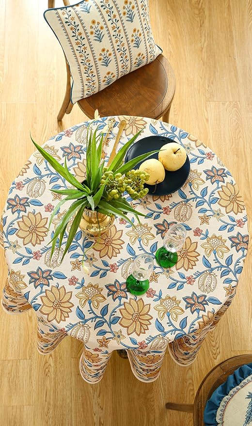 ISAENNE Designer Bohemian Floral Small Round Tablecloth,Linen Colorful Table Cloth,Wrinkle Resistant Decor Tablecloths for Dining Thanksgiving Kitchen Party Christmas,Diameter 55"-Estevan B