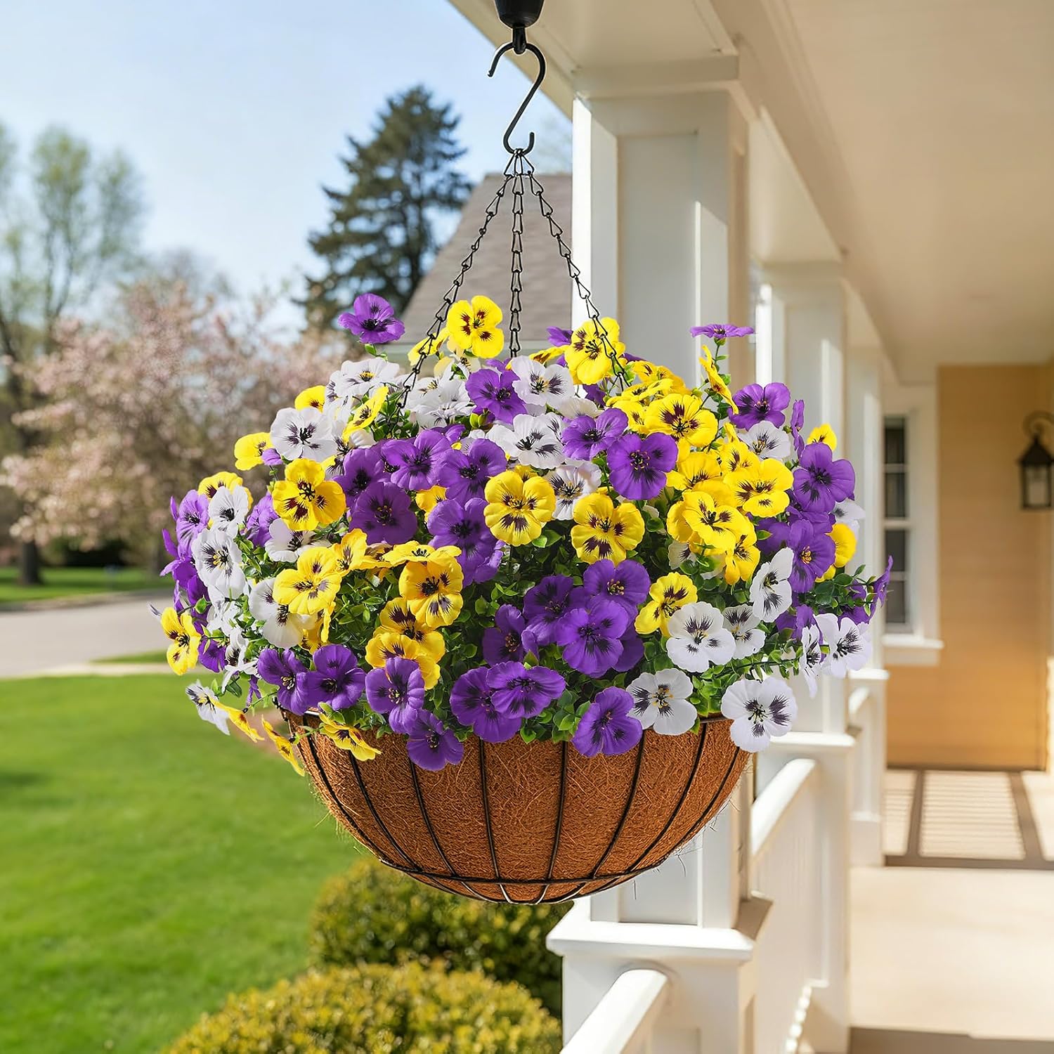 Alupssuc 24 Bundles Artificial Flowers for Outdoors Spring Decorations, Big Fake Flowers UV Resistant Realistic Pansies with Eucalyptus Silk Faux Flowers for Porch Yard, Yellow White CrimsonPurple