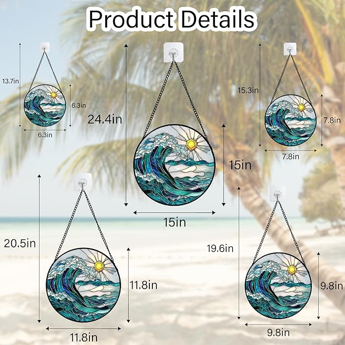 Stained Glass Window Hanging - Blue Green Waves Suncatcher for Door Terrace Garden Home Decor Sunrise Over The Sea Sun Catcher Birthday Gifts for Lovers Women Men Dad Mom Nana7.8 in