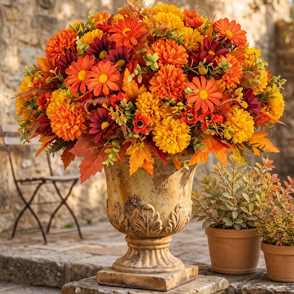 blosmon faux mums for outdoor planters: realistic fall, front angle view