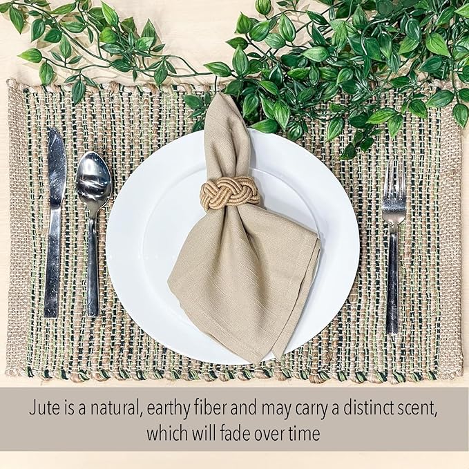 Chardin Home Natural Jute & Green Placemats, Set of 4 – Rustic Handmade Boho Table Mats, 13x19 Inch Dining Table Placemats for Kitchen, Everyday Meals, Holidays, Farmhouse or Modern Table Décor