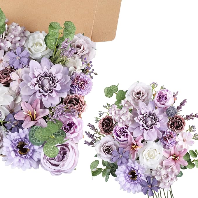 AmyHomie Lavender Artificial Flowers Combo Silk Mix Peony Rose Fake Flowers w/Stem for DIY Wedding Bouquets Centerpieces Arrangements Table Fall Decor Party Bridal Baby Shower Home Decorations