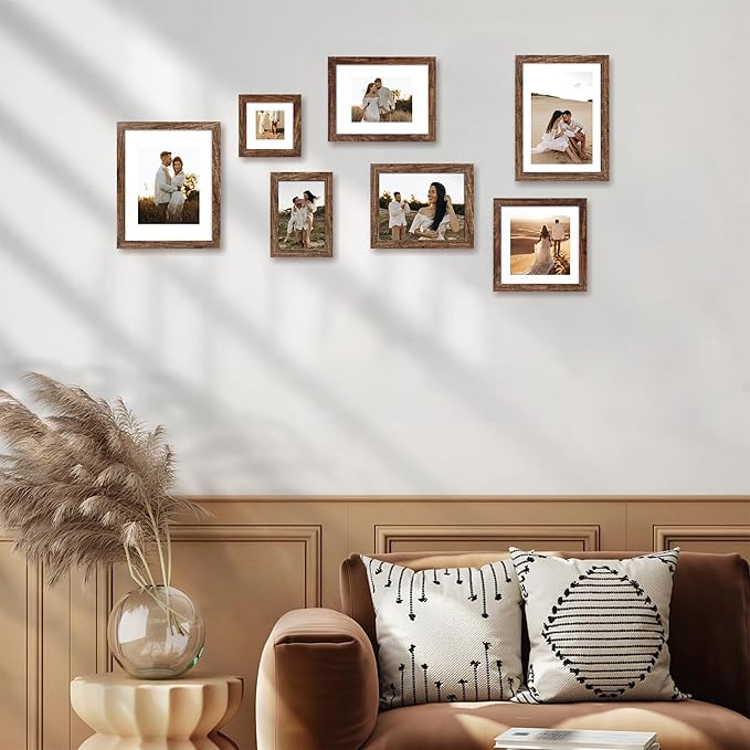 12x12 Picture Frame Set of 4 with Tempered Glass, Rustic Frame Display 10x10 Pictures with Mat or 12 x 12 Without Mat, Wood Square Photo Frames for Desktop Display and Wall Mounting