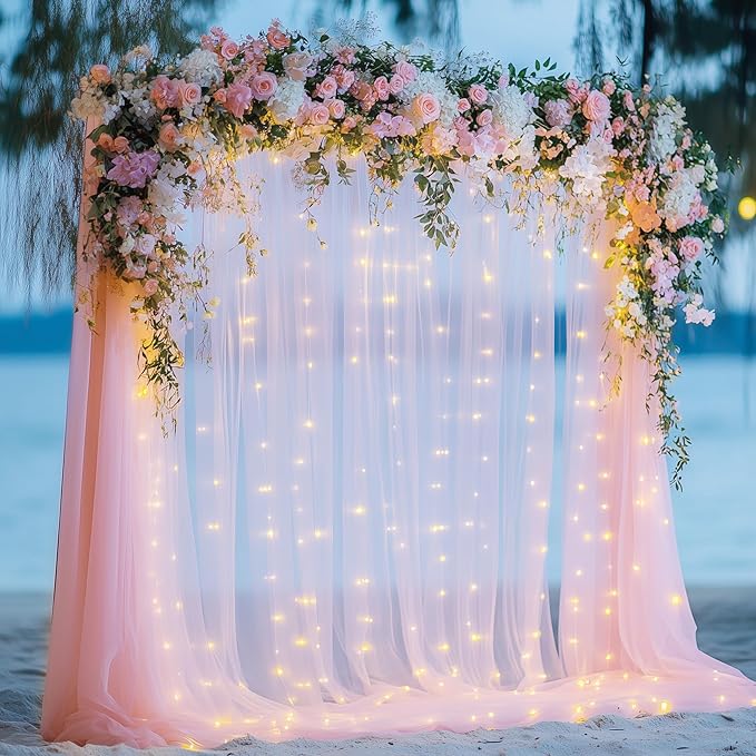 Tulle Backdrop Curtain with Lights String 10FT X 10FT Pink Sheer Tulle Backdrop Curtains for Wedding Birthday Party Reception Photo Booth Background Decorations (2 Panels 5x10FT)
