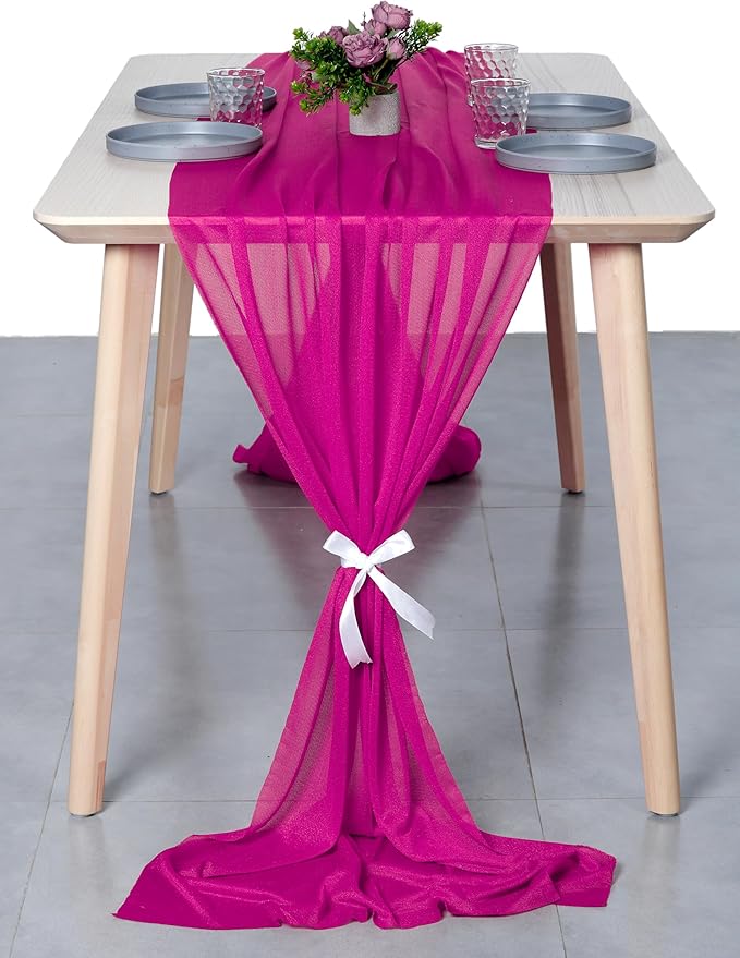 MDS 2 Pack 14ft Chiffon Table Runner 29 x 170 Inches Sheer Wedding Runner Romantic Rustic Table Runner for Wedding Decorations, Birthday Parties, Bridal Shower Party Arch Decor - Magenta