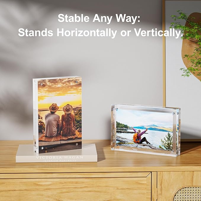 3 Pack 4x4 Acrylic Picture Frames - 20% Thicker Double Sided Magnetic Frame with UV Protection - Freestanding Clear Frameless Display for Tabletops - Modern Photo Frame Set for Home & Office Decor