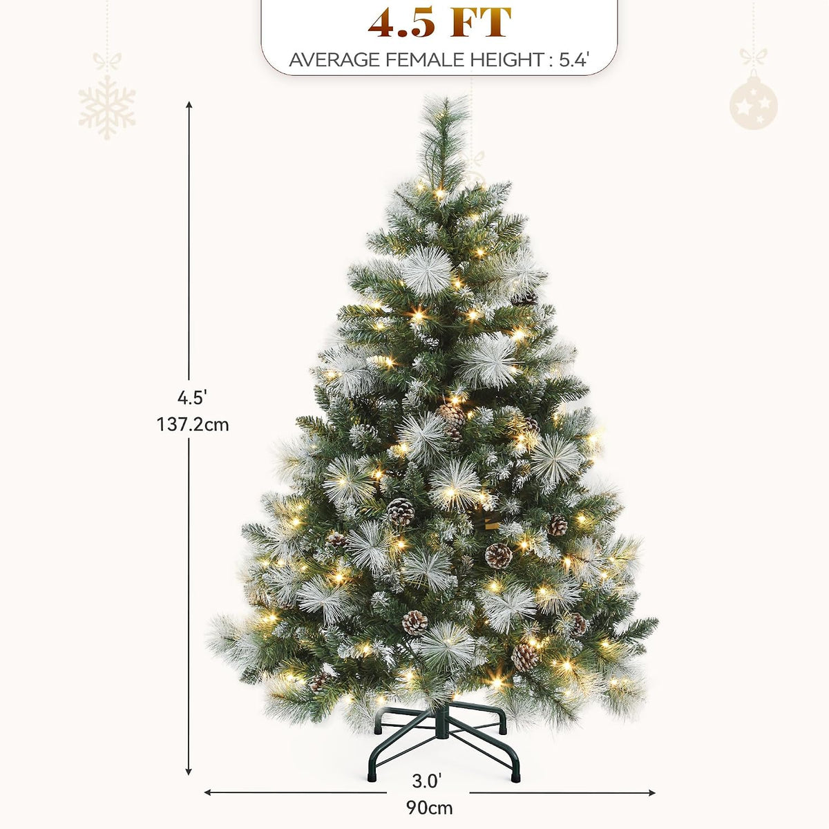 yitahome 4.5ft prelit christmas tree w/pine cones &, front angle view