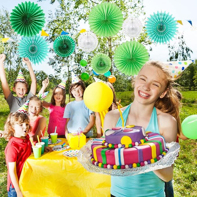 SUNBEAUTY Pack of 11 Green White Party Decoration Hanging Honeycomb Round Paper Fans Kit for Dinosaur Theme Birthday Baby Shower Summer Forest Carnival St.Patrick's Irish Backdrop Party Supplies