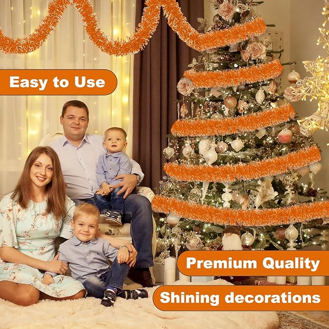 50 Feet Macaron Orange Christmas Tinsel Garland, Metallic Foil Twist Banner Wall Hanging Tinsel Streamers Backdrop for Parade Floats, Christmas, Mother's Day, Birthday Party Decorations(2in x 50ft)