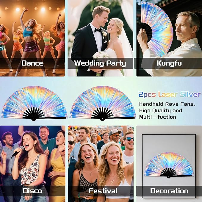 2pcs Rave Fans with Holsters 13 inches Large Folding Fan for Line Dancing Holographic Laser Clacks Fan Popping Fans for Music Festival Outfits Party Club Home Decoration