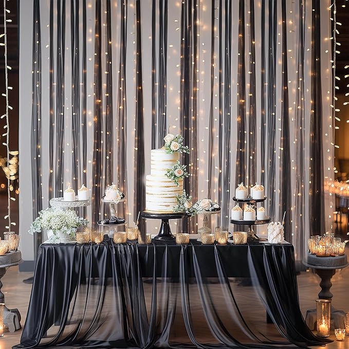 30×10ft Black Tulle Backdrop Curtain with Lights String for Parties, Sheer Curtain Backdrop Drapes for Wedding Party Photography Background