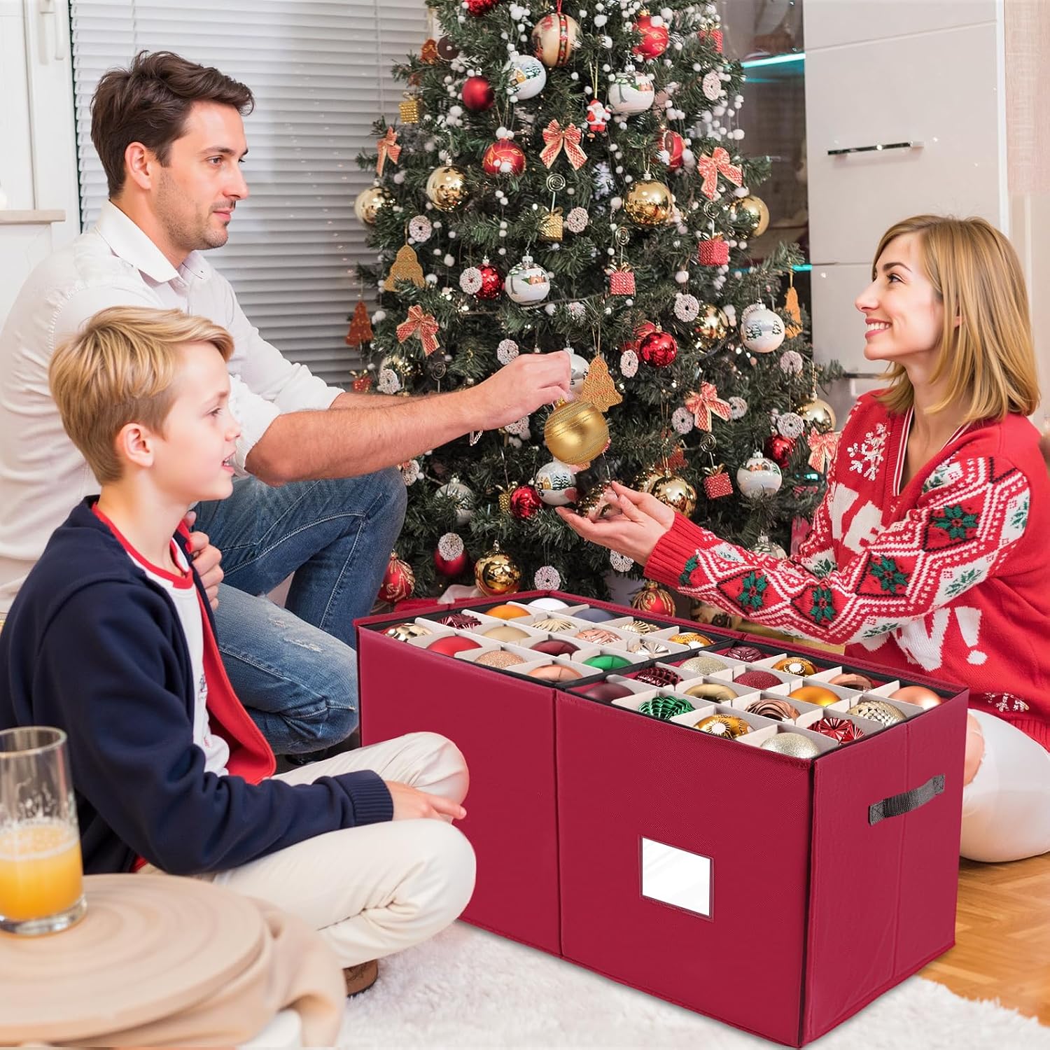 BlessedSeason Christmas Ornament Storage Box，Stackable 6 Drawer Organizers，Max 112 3" Christmas Dauble, Adjustable Christmas Ball Storage Container Bins, Red