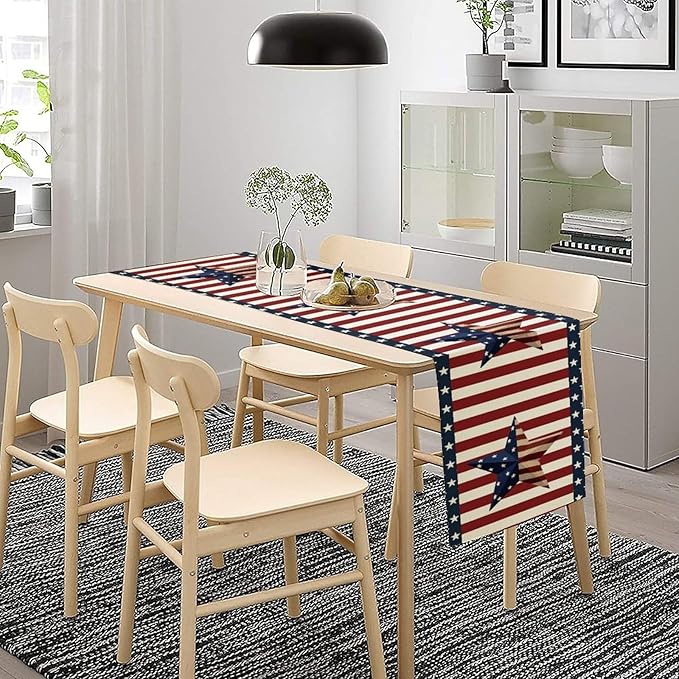 4th of July Table Runner, Patriotic Independence Day American Stars Stripes Flag Print Table Runner for Farmhouse Kitchen Dining Holiday Birthday Party, 13x70inch