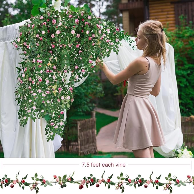 4 Packs Artificial Rose Garland: 31.48Ft Each Fake Flower Vine with Improved Color & 10 Ties for Wedding Arch Backdrop, Home Wall Party Decor, Christmas Decor, Pink
