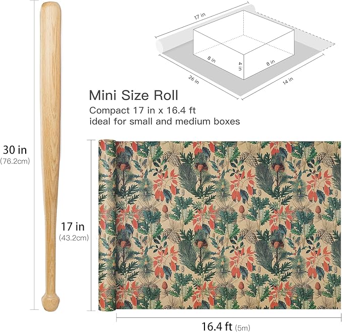 RUSPEPA Kraft Christmas Wrapping Paper Roll, Mini Roll, Watercolor Winter Botanical Design with Pinecones, Holly and Poinsettia, Kraft Gift Wrap for Xmas Holiday, Winter Party, 17 Inches x 16.4 Feet