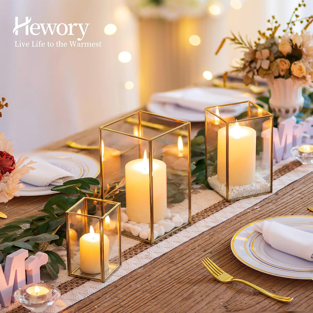 Hewory Glass Hurricane Candle Holder: Gold Hurricane Candle Holders with Metal Frame Square Set of 3, Clear Candle Holder for Table Centerpiece Wedding Christmas Engagement Birthday Party Decorations