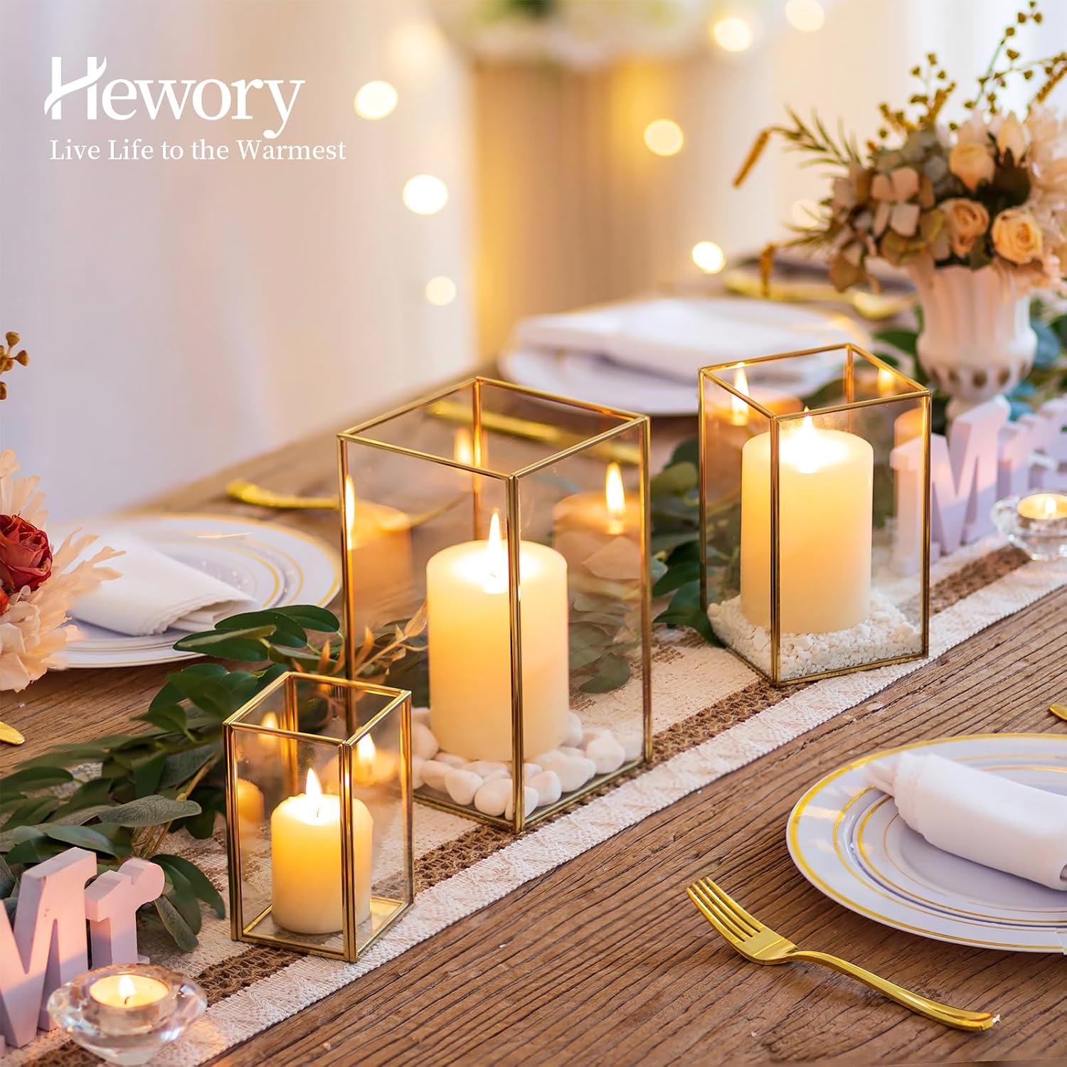 Hewory Glass Hurricane Candle Holder: Gold Hurricane Candle Holders with Metal Frame Square Set of 3, Clear Candle Holder for Table Centerpiece Wedding Christmas Engagement Birthday Party Decorations