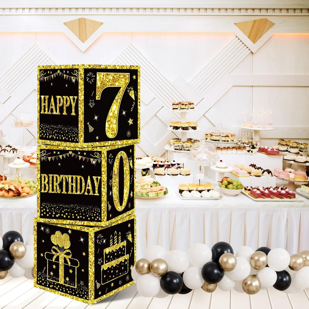 Eiurteao 3pcs 70th Birthday Decorations Boxes for Men Women, Black Gold Happy 70 Birthday Balloons Boxes Party Supplies, 70 Year Old Bday Theme Cardboard Box
