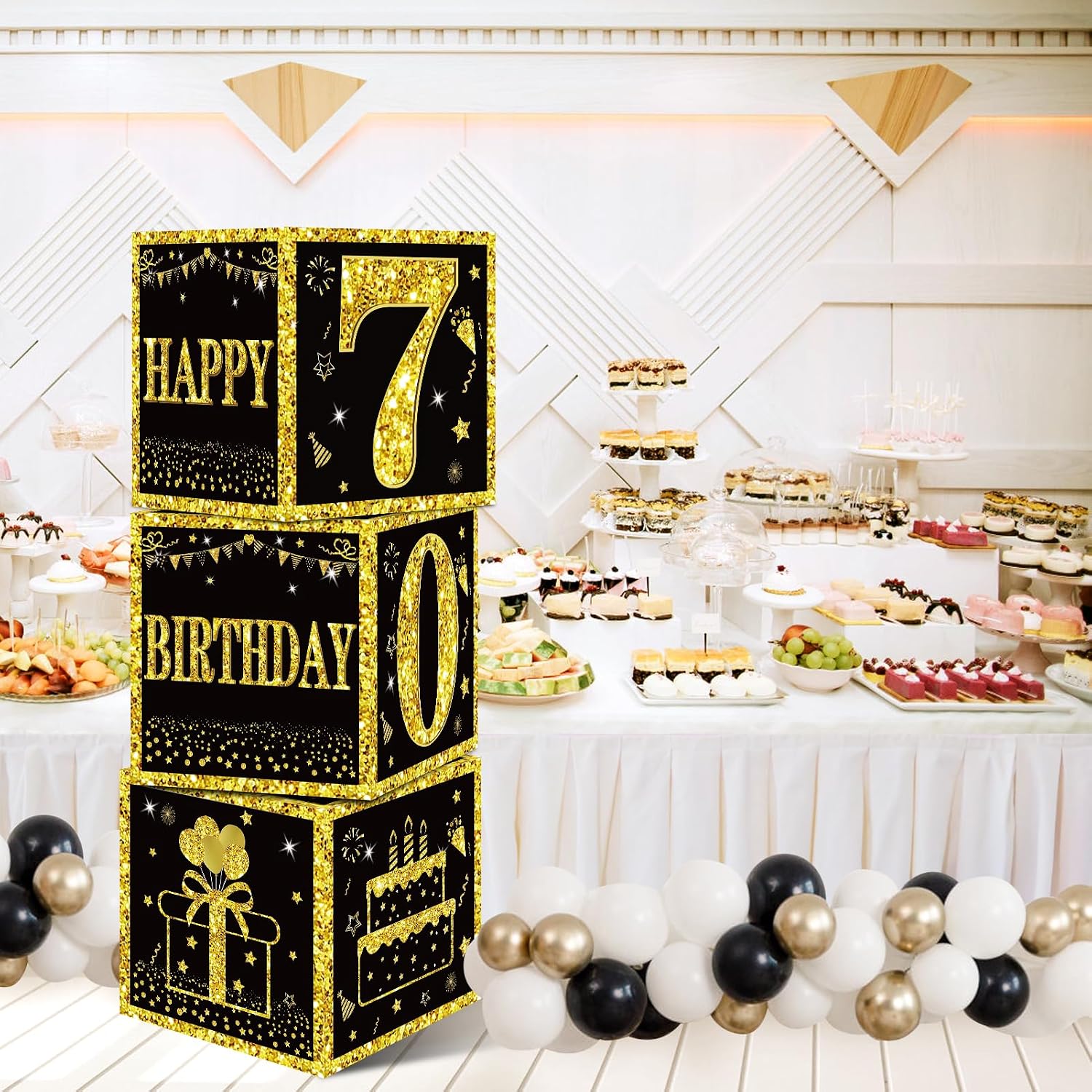 Eiurteao 3pcs 70th Birthday Decorations Boxes for Men Women, Black Gold Happy 70 Birthday Balloons Boxes Party Supplies, 70 Year Old Bday Theme Cardboard Box