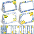 Jetec 48 Pcs Capri Lemon Place Cards Yellow and Blue Tile Table Name Cards Tent Placard Buffet Food Label for Table Setting Birthday Bridal Shower Italy Yellow Lemon and Amalfi Coast Party Decoration