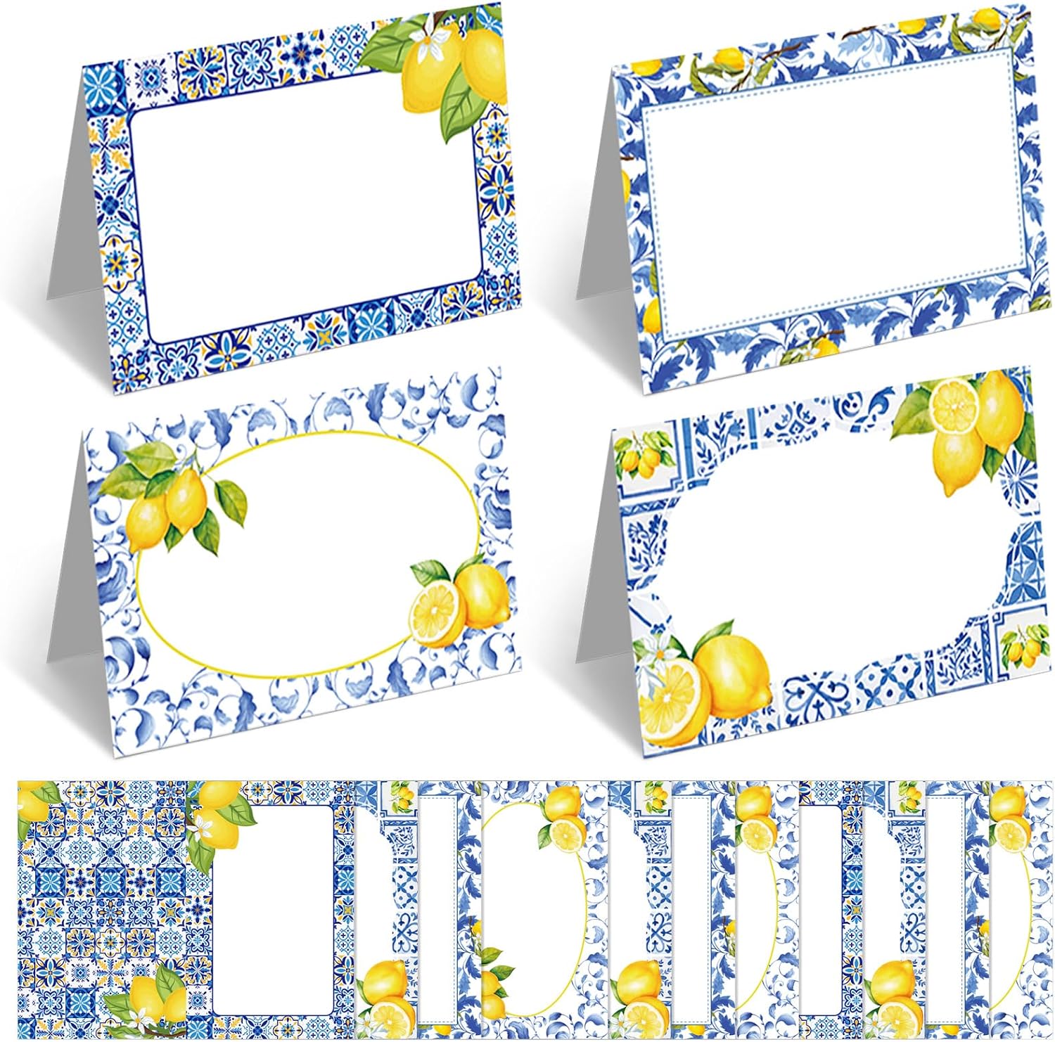 Jetec 48 Pcs Capri Lemon Place Cards Yellow and Blue Tile Table Name Cards Tent Placard Buffet Food Label for Table Setting Birthday Bridal Shower Italy Yellow Lemon and Amalfi Coast Party Decoration