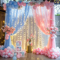 Pink Blue Sheer Tulle Backdrop Curtains with Lights String for Gender Reveal Baby Shower Decorations for Boy or Girl Birthday Party Photo Shoot Backdrop Background Decorations 2 Panels 5×8ft