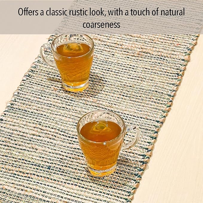 Chardin home Natural Jute Table Runner 13x36 Inch – Vintage Boho Rustic Table Decor – Handwoven Table Runner in Natural Jute and Green – Farmhouse Dining or Console Table Accent