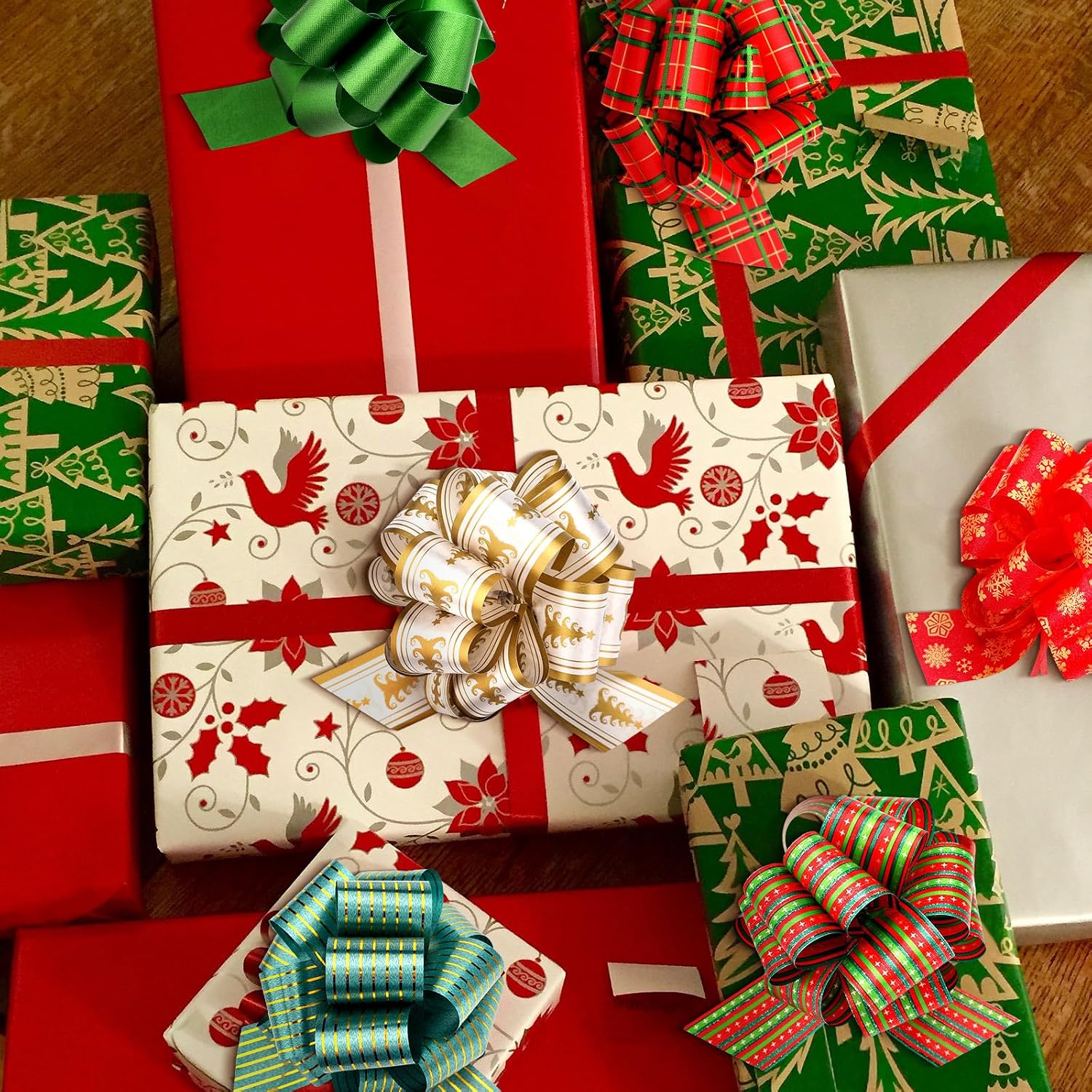 50 Pcs Christmas Pull Bows Gift Wrapping 5 Inch Pull Wrapping Bows for Christmas Tree Decoration Gifts Florist Bouquet Baskets Wreath Decor Easy to Assemble(Classic)