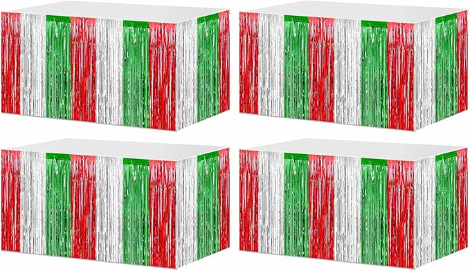 4 Pack 29x108 Inch Metallic Foil Fringe Tinsel Table Skirts for Rectangle Tables Streamer Backdrop for Wedding, Birthday, Parade Floats, Christmas, Halloween Party Decoration(Red Silver Green)
