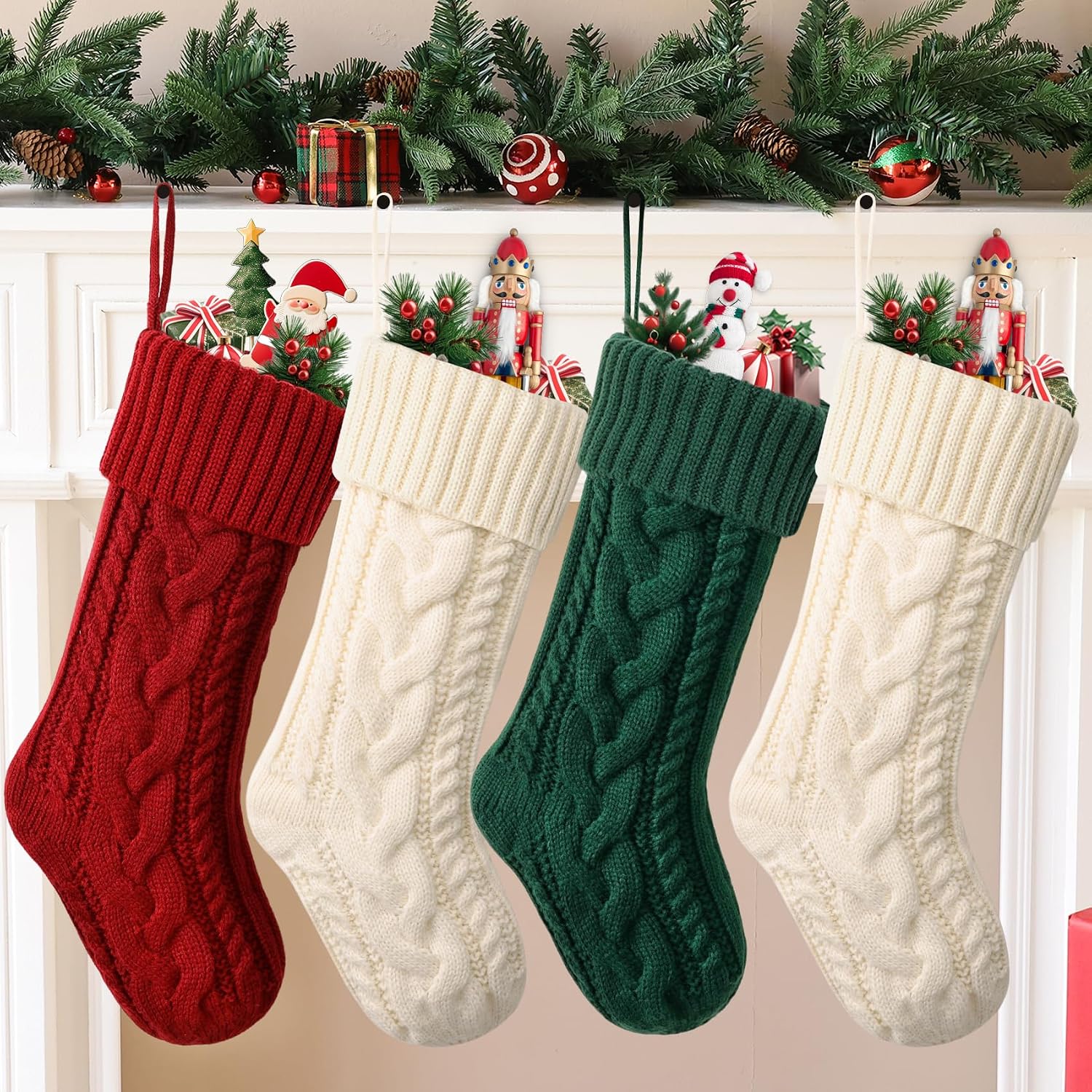 ELEGANTPARK Christmas Stockings 4 Pack Knitted Green White Red Christmas Stockings Large Xmas Decoration for Holiday Fireplace Hanging Holiday Decoration for Family Kids Xmas 18 Inch