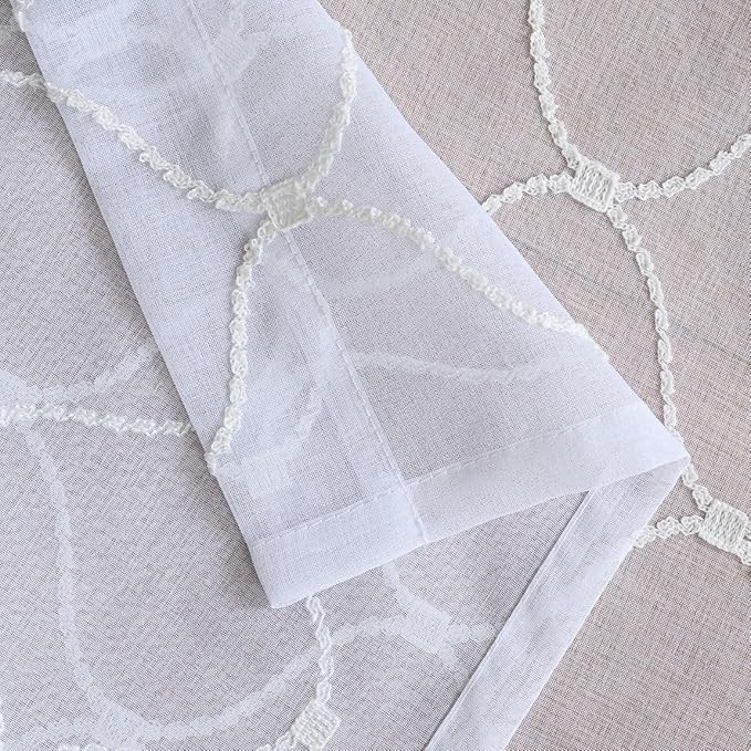 Sheer Curtains White 63 Inches Embroidered Wave Diamond, Rod Pocket Voile Drapes for Living room, Bedroom, Window Treatments Semi Crinkle Curtain Panels for Yard, Villa, Parlor, Set of 2, 52"x 63".