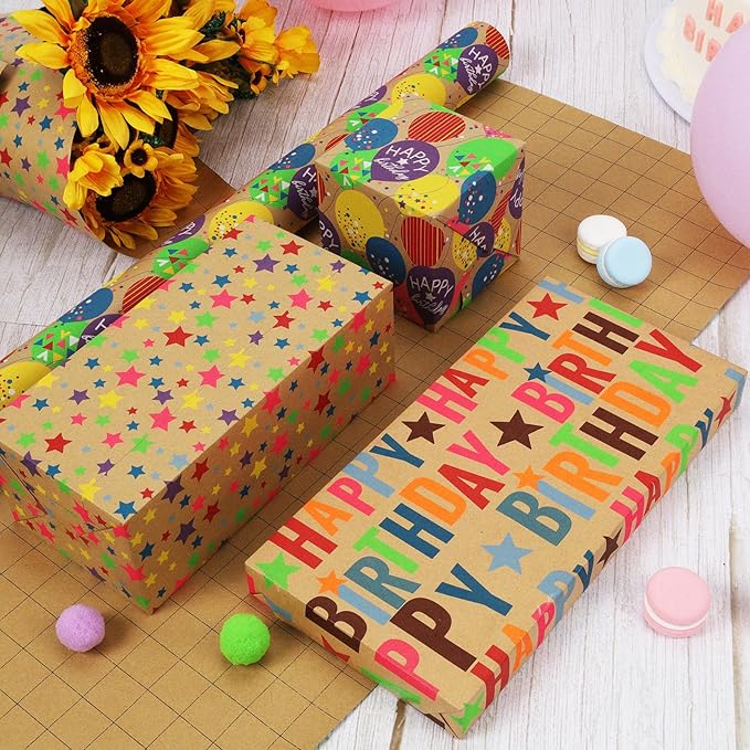 LaRibbons Birthday Wrapping Paper Roll for Kids, 30 Inch x 33 Feet (83 sq. ft. ttl.) Kraft Gift Wrap Paper with Colorful Star Pattern for Baby Shower Holiday Party