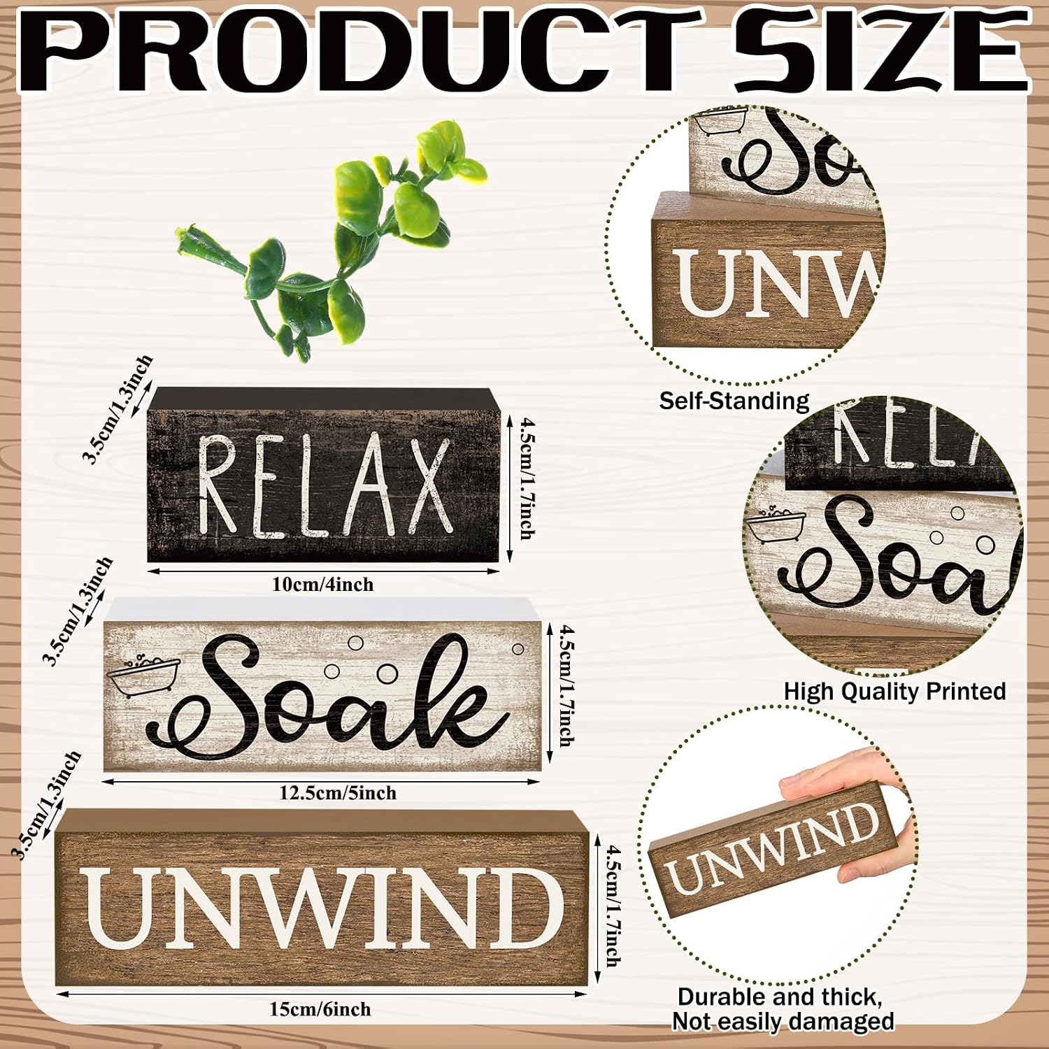 Moucuny 4 Pcs Bathroom Shelf Decor Sign Farmhouse Bathroom Decor and Accessories Rustic Eucalyptus Leaves Wood Block Sign Gift Relax Soak Unwind Farmhouse Table Centerpiece for Home Toilet