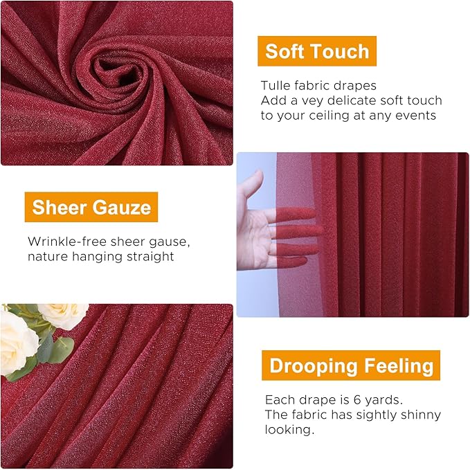 Wedding Arch Draping Fabric 3 Panels 28.7" x 20FT Burgundy Sheer Chiffon Backdrop Drapes for Wedding Ceremony Birthday Party Bridal Shower Outdoor Decoration