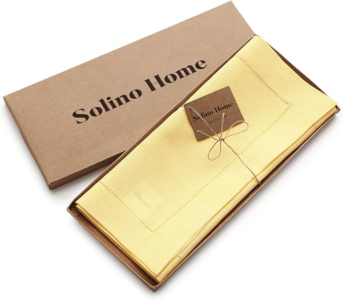 Solino Home Linen Table Runner 90 Inches Long - Classic Hemstitch 100% Pure Linen Yellow Dining Table Runner 14 x 90 Inch