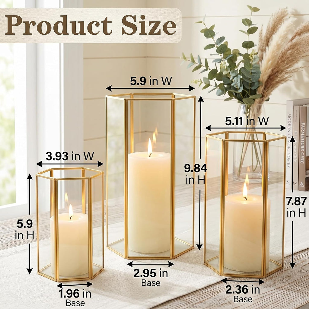 Glass Hurricane Candle Holder, Set of 3 Large Clear Hexagon Lanterns Pillar Candle Lantern with Gold Metal Frame Wedding Centerpiece Table Decor Home Decorations