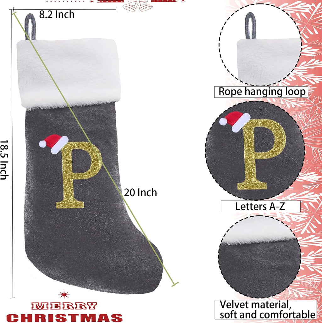 20 Inches Monogram Christmas Stockings with Letters Large Super Soft Christmas Stockings, Grey Velvet with White Plush Cuff Embroidered Xmas Stocking for Christmas Family Decor Letter P