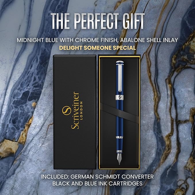 Scriveiner Midnight Blue Fountain Pen - Stunning Luxury Pen with Chrome Appointments, Schmidt Nib (Medium), Best Pen Gift Set for Men & Women, Professional, Executive, Office, Nice Pens