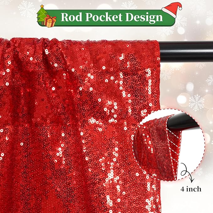 SquarePie Sequin Backdrop Curtain Non-Transparent Sparkly Background for Christmas Wedding Party 2FT x 8FT Red 2 Panel