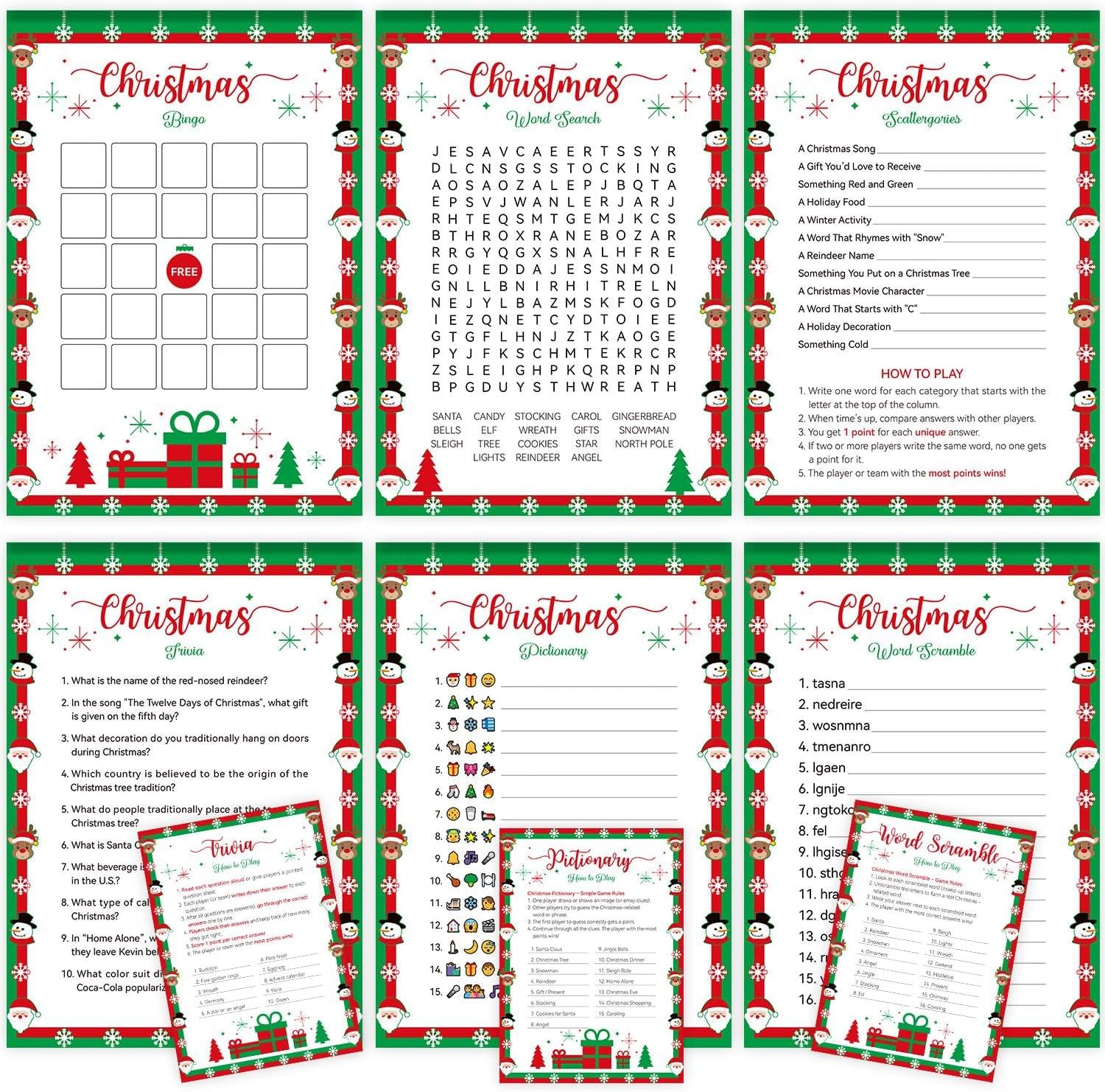 Biswiter Christmas Games for Family Party Supplies, Christmas Activities Word Search Scramble Bingo Trivia Pictionary Categories and Answer Keys for Family