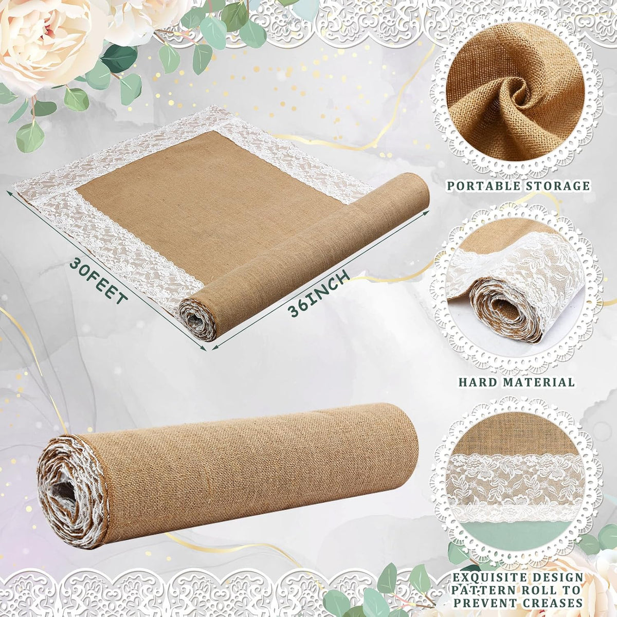 Preboun 3ft X 30 ft Aisle Runner for Wedding Ceremony, Burlap Lace Style
