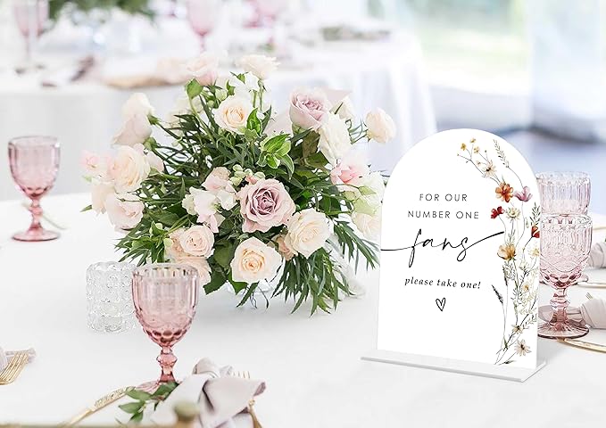 Boho Floral Wedding Fan Sign, 6 x 8 Inch White Arch Acrylic Wedding Sign with Holder, Wedding Sign for Ceremony and Reception, Wedding Decoration, Wedding Supplies - BX23