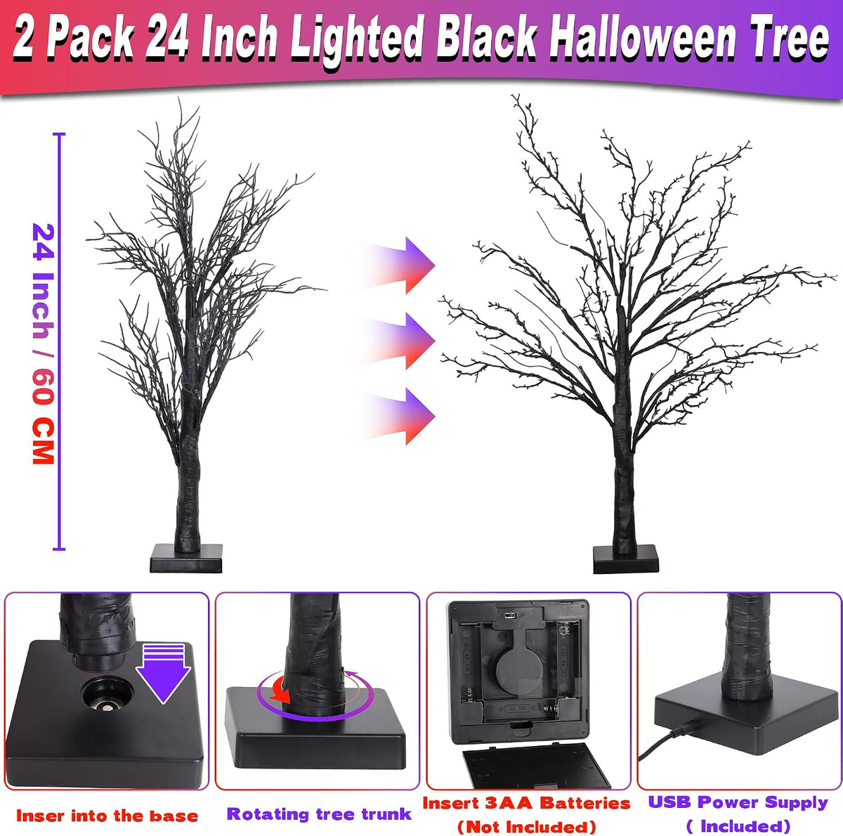[Timer] 2 Pack Halloween Decorations Indoor, 24 Inch Lighted Black Halloween ...