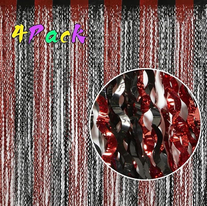4 Pack Sparkle Red and Black Fringe Curtain - 3.3x6.6 Feet Tinsel Streamer for Birthday Decorations | Halloween Decorations | Casino Theme Party Decorations | Red Carpet